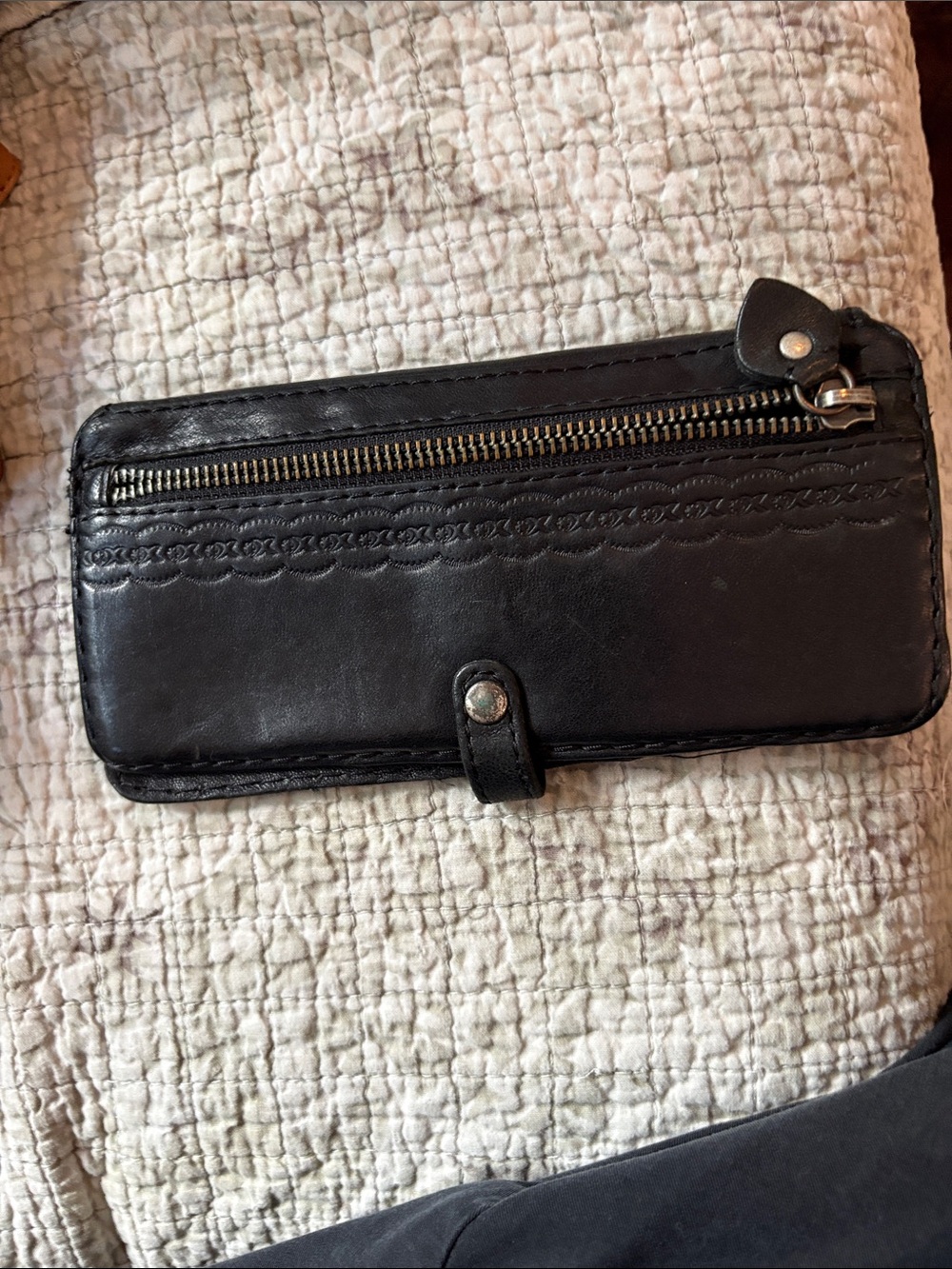 Lucky Brand Black Leather Zip Wallet with Snap Closure